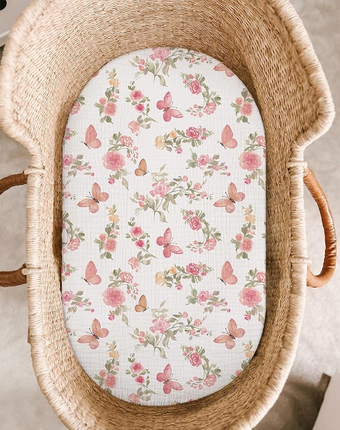 Bassinet Sheet for Baby Boy and Girl 2 Pack, Fitted Sheets for Rectangle, Oval, Hourglass Bassinet Mattress, Muslin Moses Basket Sheets with Neutral Style (Butterfly & Beige)