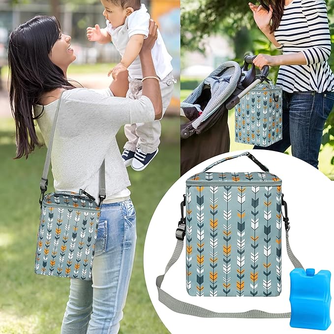 Breastmilk Cooler Bag with Ice Pack Fits 4 Baby Bottles Up to 9 Ounce Insulated Baby Bottle Bag Breast Milk Cooler on The Go with Strap Baby Bottle Cooler Bag for Nursing Mom Daycare or Travel