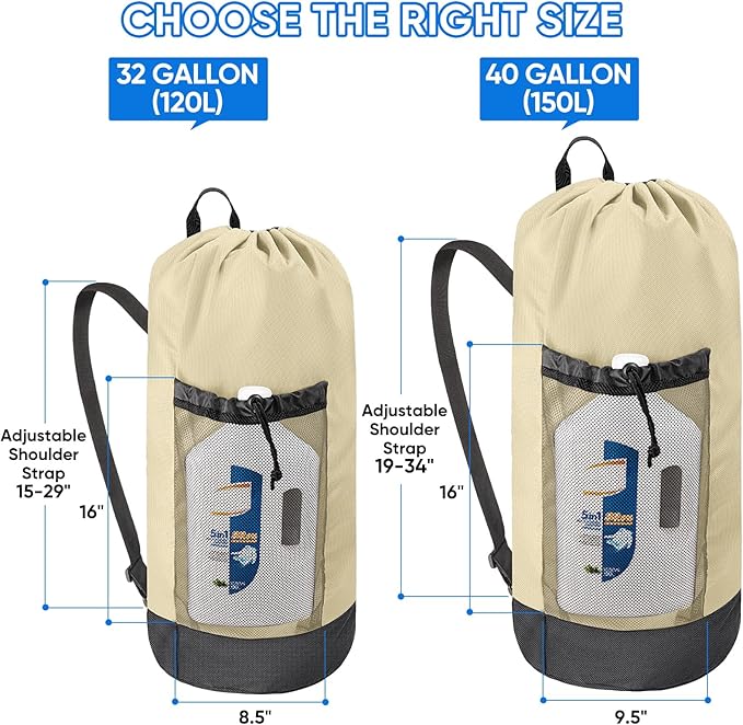 BALEINE 150L Laundry Bag Backpack, 900D Oxford Fabric Large Travel Laundry Bags with Shoulder Straps and 2 Mesh Pockets for College Dorm, Apartment, Laundromat (Beige, 150L)