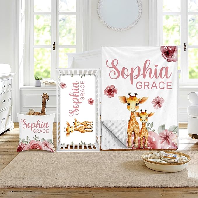Custom Crib Bedding Set - Giraffe Design Personalized Name Baby Nursery Bed 3 Pcs Set - Chic Soft Blanket with Dotted Backing, Sheet, Pillowcase for Newborn Girls Boys Gifts Color20