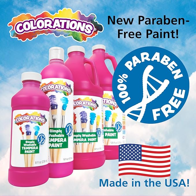Colorations Paraben-Free Simply Washable Tempera Paint, Rainbow Plus 8 Pack, Matte Finish, Classroom Supplies, Vibrant Colors, Non-Toxic, Washes Off Easily, School, Craft, Art Supply Set, Each 16oz