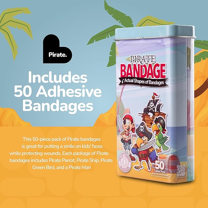 BioSwiss Bandages, Pirate Shaped Self Adhesive Bandage, Latex Free Sterile Wound Care, Fun First Aid Kit Supplies for Kids and Adults, 50 Count