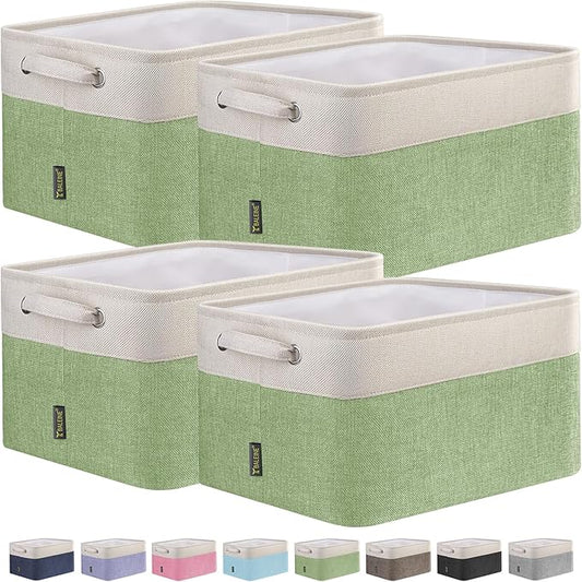 BALEINE 4 Pack Fabric Storage Bins for Shelves, Linen Storage Baskets for Organizing, Decorative Closet Bins for Clothes, Home (Green, 15''x11''x9.5'')