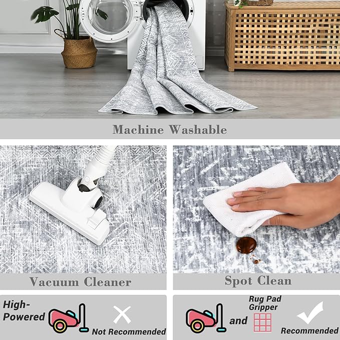 COZYLOOM 9x12 Rugs for Living Room Machine Washable Rug Modern Abstract Floor Cover with Non Slip Backing Satin Resistant Ultra Soft Geometric Carpet for Bedroom Office, Grey