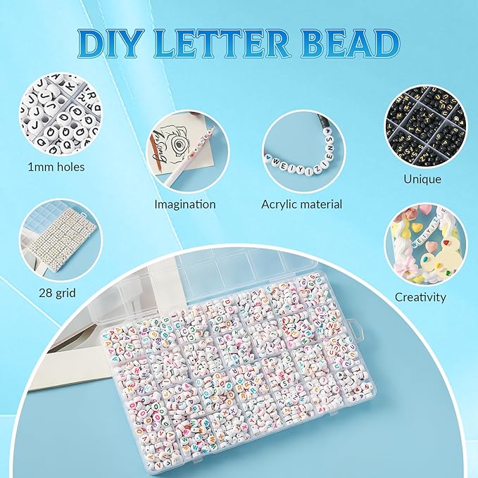1400pcs Letter Beads, 4x7 mm Acrylic Alphabet Beads, Beads for Jewelry and Bracelet Making, in 28 Grid Box (White and Black)