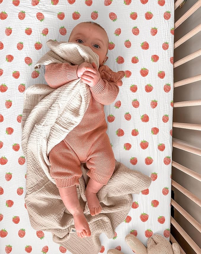 Bassinet Sheet for Baby Boy Girl 2 Pack, Fitted Sheets for Rectangle, Oval, Hourglass Bassinet Mattress, Muslin Moses Basket Sheets (Strawberry & Pale Pink, Bassinet Sheet)