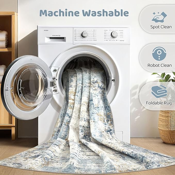 12x15 Area Rugs Washable Rug: Living Room Large Abstract Modern Soft Stain Resistant Indoor Floor Non Slip Accent Carpet for Bedroom Nursery Playroom Office Dining Room Dorm Home House- Blue