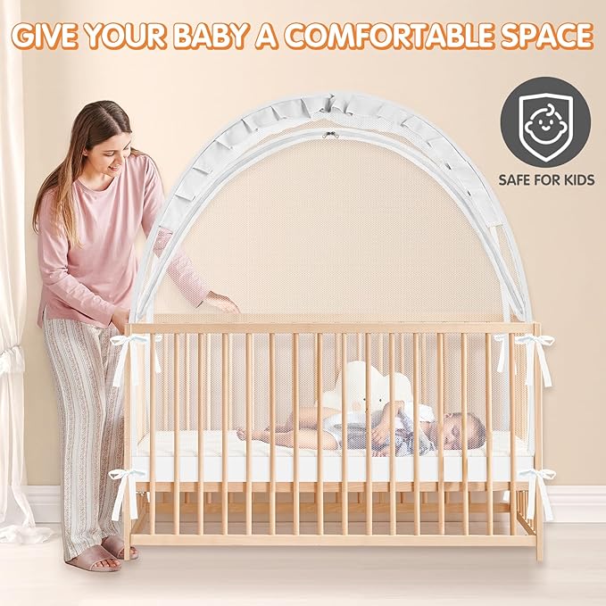 Crib Tent to Keep Baby from Climbing Out - Crib Net to Keep Baby in - Pop Up Breathable Cribs Cover - Canopy with Upgrade Strong Mesh and Durable Zipper (White, Lager)