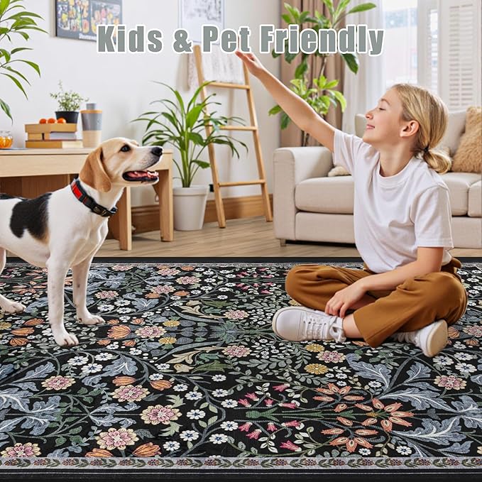 8x10 Area Rugs for Living Room: Floral Washable Rug Vintage Large Soft Boho Non-Slip Carpet Indoor Stain Resistant Low Pile Carpets for Bedroom Dining Room Farmhouse Nursery Home Office Dark Black