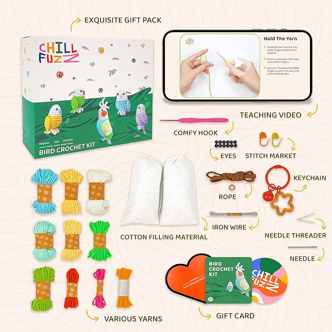 ChillFuzz Animal Crochet Kit Beginner Crochet Kit for Adults and Kids with Yarn Hook and Step by Step Instructions Relaxing DIY Gift Parrot