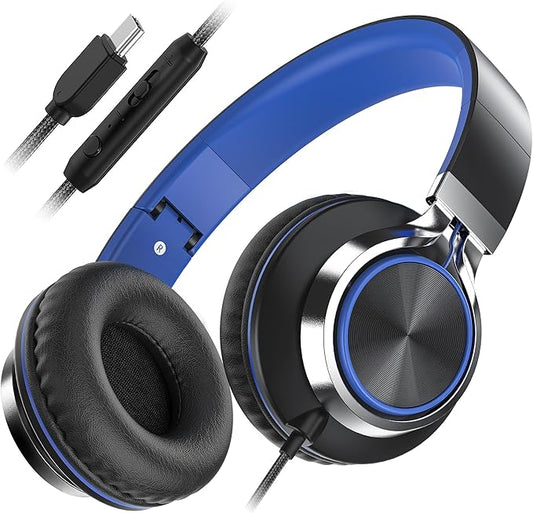 AILIHEN C8 USB-C Headphones Wired - Kids Headphones with Microphone & Volume Control, Foldable Stereo Sound Tangle-Free Type C Cord, Compatible with Cellphone, Laptop, PC (Black Blue)