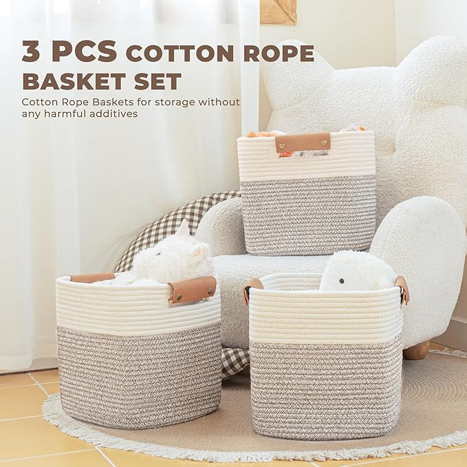 danpinera 11 Inch Storage Baskets, Woven Baskets for Organizing, 3 Pack Storage Cubes for Shelves, Closet, Nursery with Removable Leather Handles, White & Mixed Brown