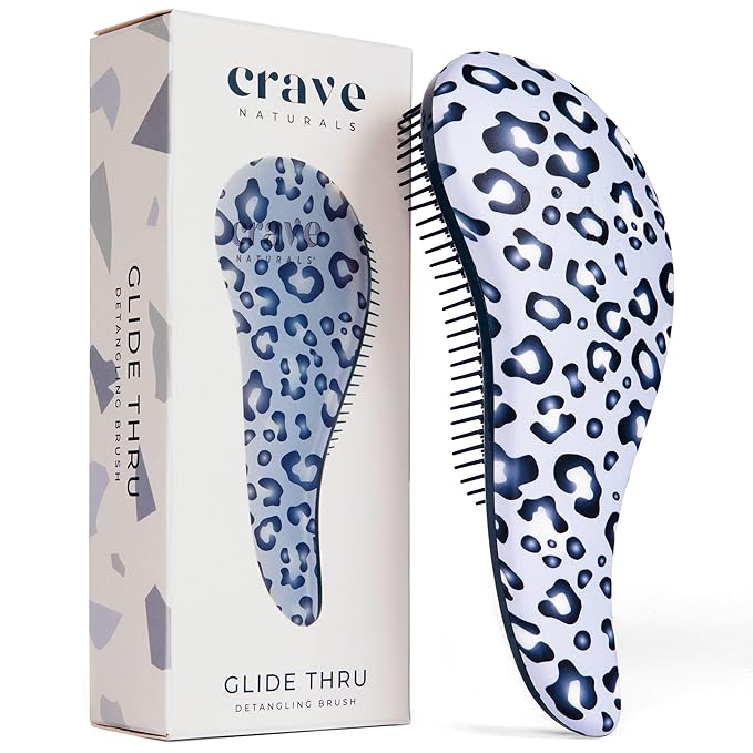 Crave Naturals Glide Thru Detangler Brush - Curly Hair Brush for Women and Kids - Wet and Dry Comb for Adults - Soft Flexible Bristles for Gentle Use - Styling Tool for Curls - Blue Cheetah