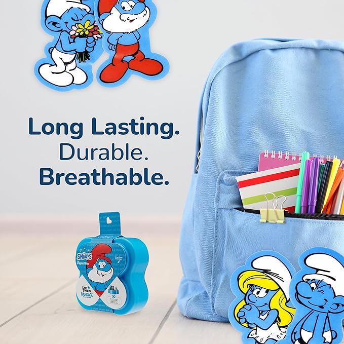 BioSwiss Bandages, The Smurfs Classic Shaped Self Adhesive Bandage, Latex Free Sterile Wound Care, Fun First Aid Kit Supplies for Kids and Adults, 50 Count Plastic Case