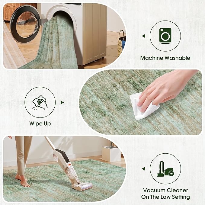 Area Rug 9x12 Washable Rugs: Abstract Large Living Room Rugs with Non-Slip Backing, Thin Carpet for Dining Room Table Bedroom Nursery Indoor Home Office-Light Green/Brown