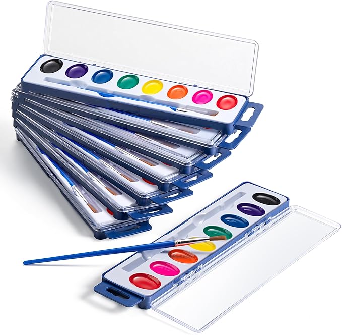 Bedwina Watercolor Paint Sets for Kids - Bulk Pack of 12, 8 Washable Water Color Paints in Palette Tray and Painting Brush for Coloring, Art, Classrooms and Paint Party Supplies