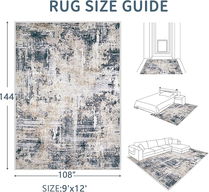 Area Rugs 9x12 Living Room: Washable Rug Modern Abstract Large Rugs Soft Non Slip Neutral Rug Stain Resistant Indoor Carpet for Bedroom Kitchen Dining Room Home Office Rugs(Black Brown,9'x12')