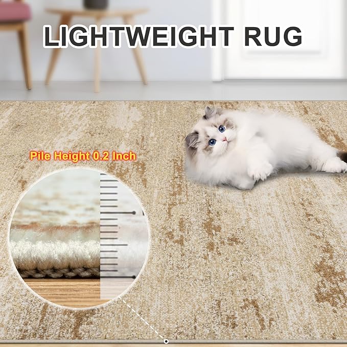 Area Rugs Living Room Rug - 5x7 Washable Modern Abstract Soft Neutral Non-Slip Carpet Large Indoor Floor Stain Resistant Thin Carpets for Bedroom Dining Room Farmhouse Nursery Home Office Beige