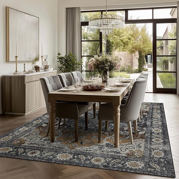 4x6 Washable Area Rug for Living Room, Carpet for Bedroom, Soft Faux Wool Retro Dining Room Rug, Non Slip&Non-Shedding Resistant Low Pile Vintage Print Rug for Home Office (Tan/Gray)