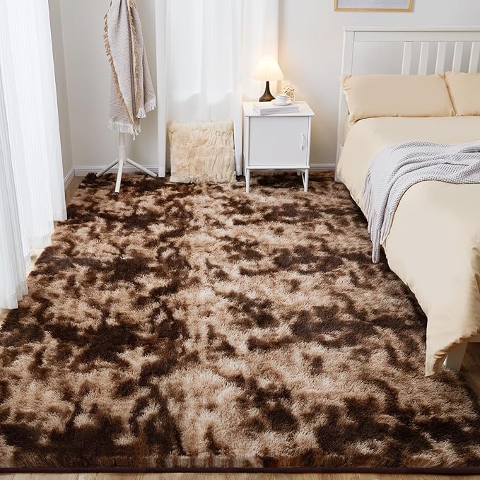 6x9 Area Rugs for Living Room, Fluffy Shaggy Bedroom Rug Indoor Carpet, Anti-Skid Soft High Pile Rug for Nursery, Kids Room, Bedside, Home Decoration, Tie-Dyed Brown
