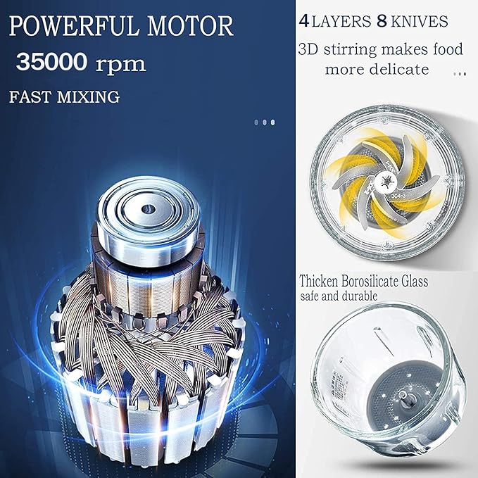 Baby Food Maker Mini Cute and Small Food Processor Puree Blender Grinder Chopper 300ml Cup Glass Bowl with 8 Blade Electric (Spaceman-Blue)