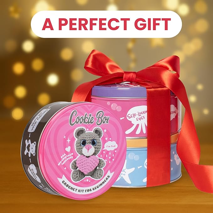 Cookie Box Crochet Kit for Beginners - Learn to Craft Amigurumi Stuffed Animals - Knitting Gift for Kids and Adults - Beginner-Friendly Yarn - Stitch-by-Stitch Video Tutorial - Bear Ted