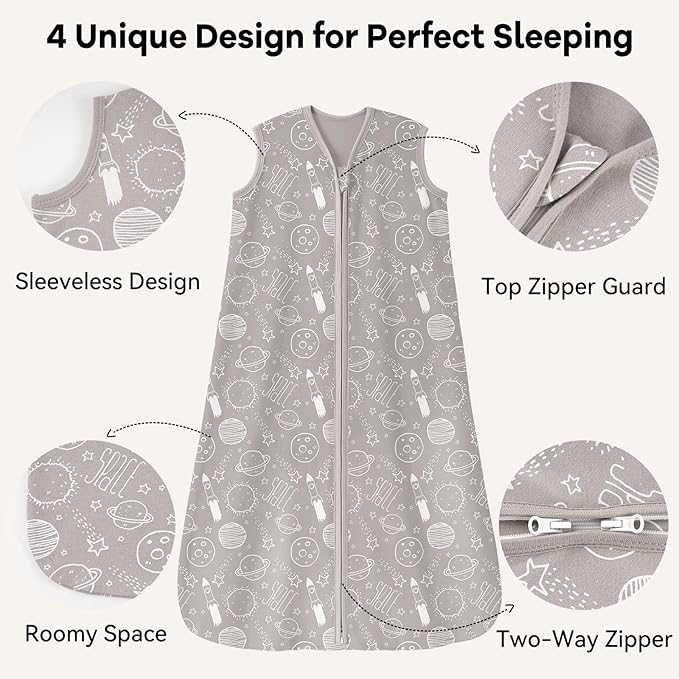 Baby Sleep Sack 6-12 Months 3 Pack 100% Cotton Lightweight 0.5 TOG Wearable Blanket Baby Sleep Bag with 2-Way Zipper for Newborn Infant White Gray Blue Space