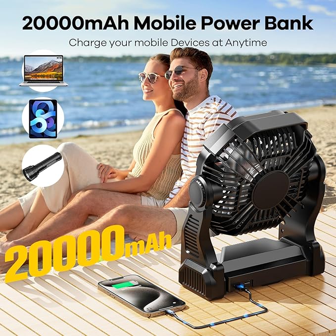 20000mAh Portable Battery Powered Camping Fan - with LED Light, Quiet Battery Operated, Camping Gear for Travel, Tent, Beach, Car or Hurricane Power Outages, Black