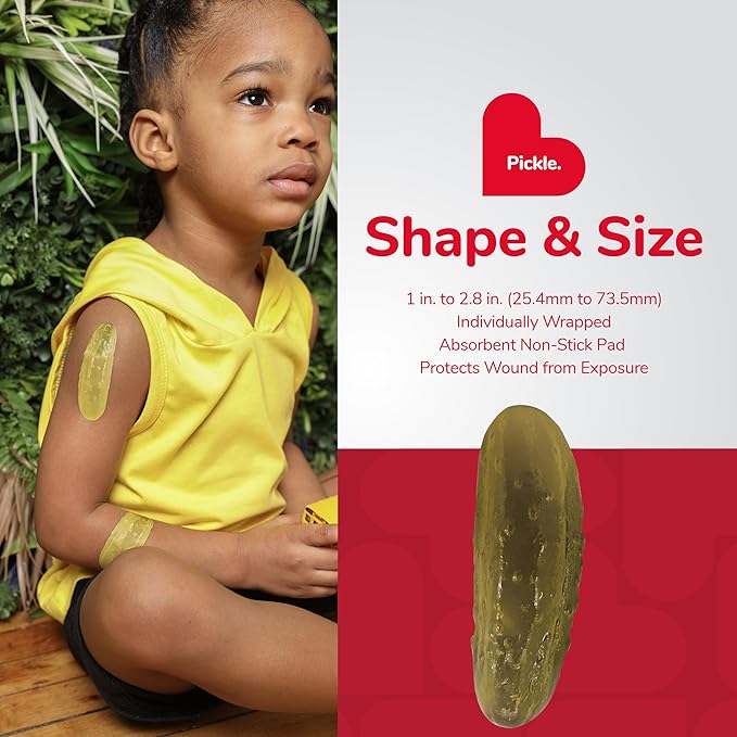 BioSwiss Bandages, Pickle Shaped Self Adhesive Bandage, Latex Free Sterile Wound Care, Fun First Aid Kit Supplies for Kids, 50 Count