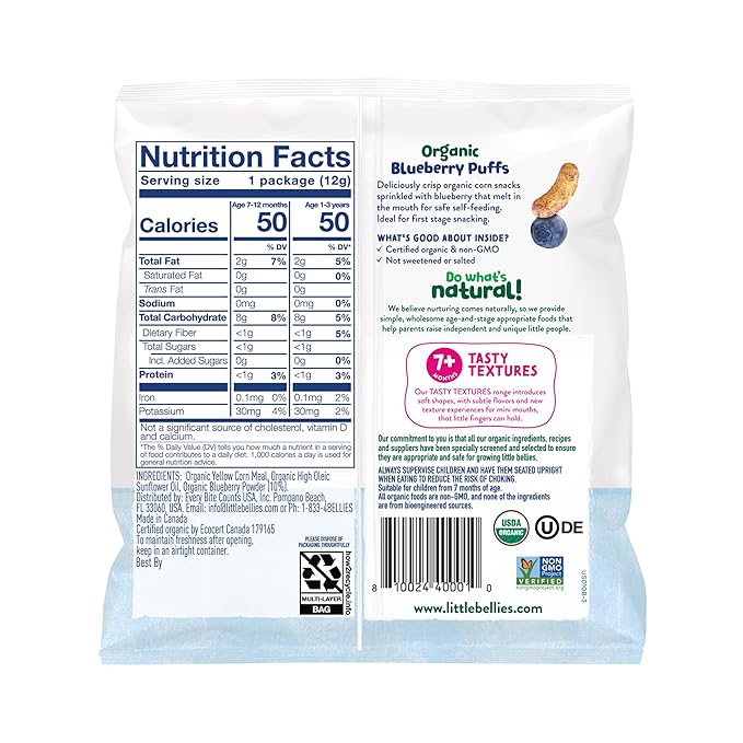 Little Bellies Organic Blueberry Puffs Baby Snack (Pack of 18 x 0.42 oz Individual Packs)