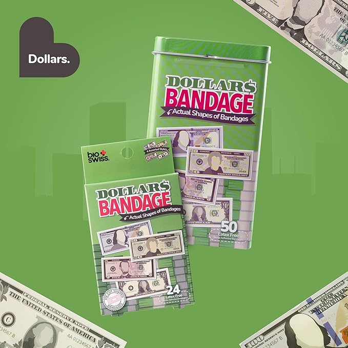 BioSwiss Bandages, Money Shaped Self Adhesive Bandage, Latex Free Sterile Wound Care, Fun First Aid Kit Supplies for Kids, 24 Count