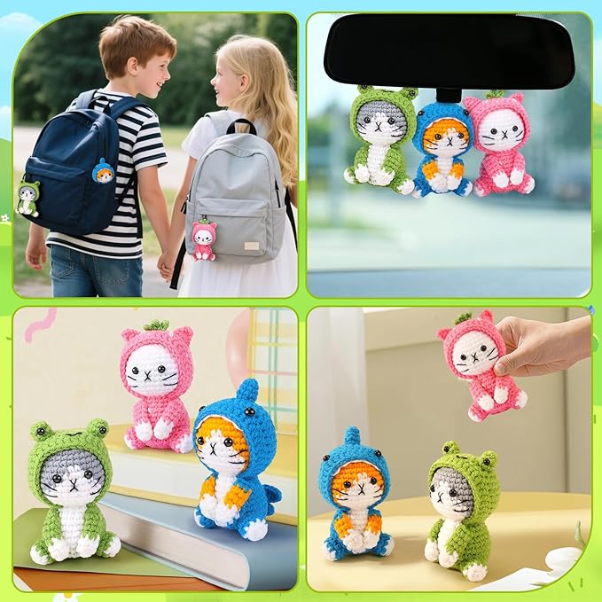 Crochet Kit for Beginners - 3 PCS Crochet Kits with Step-by-Step Video Tutorials, Beginner Crochet Kit for Adults Kid, Crochet Animal Kit for Starters, Cat Dressed as Shark Frog Strawberry