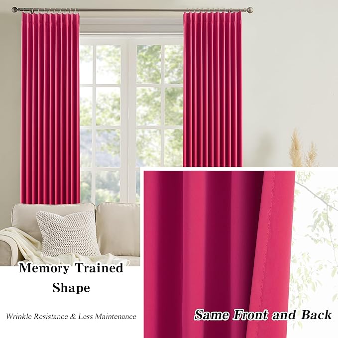 KEQIAOSUOCAI Raspberry Fushia Pink Curtains 102 Inches Long Pinch Pleated with Hooks,Room Darkening Sound Reducing Drapes Light Blinds for Bedroom Living Room(Magenta Hot Pink, 2 Panels, W40 x L102)