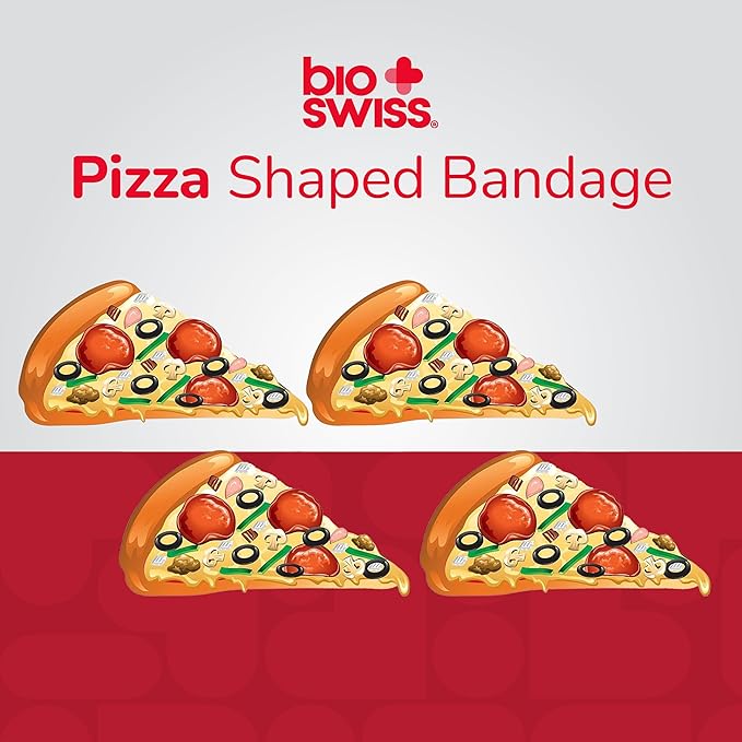 BioSwiss Bandages, Pizza Shaped Self Adhesive Bandage, Latex Free Sterile Wound Care, Fun First Aid Kit Supplies for Kids, 24 Count