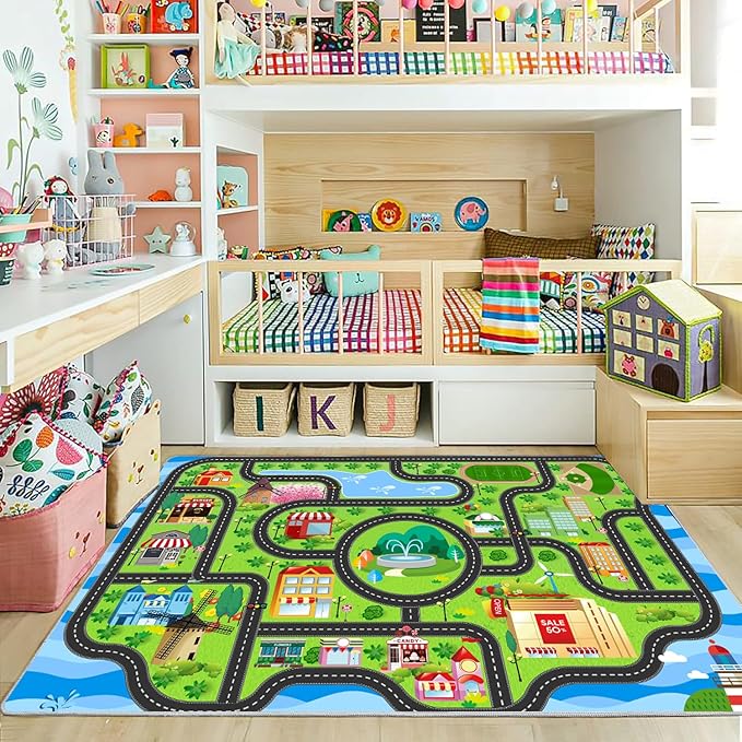 Car Rug,Kids Play Rug with Roads,Playroom Toy Car Rug, Car Track Rug City Map for Bedroom Classroom - (110X78.7 Inches)