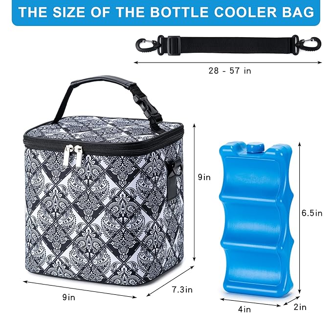 Breastmilk Cooler Bag with Ice Pack Fits 6 Baby Bottles Up to 9 Ounce, Baby Bottle Bag with Shoulder Strap for Nursing Mom Daycare, Black