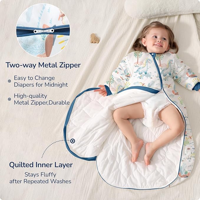 Baby Sleep Sack 3-6 Months, Cotton Detachable Long Sleeve Sleep Sack, 1.0 Tog Toddler Sleeping Sack with Temperature Strips, 2-Way Zipper Wearable Blankets for Newborns, Dinosaur