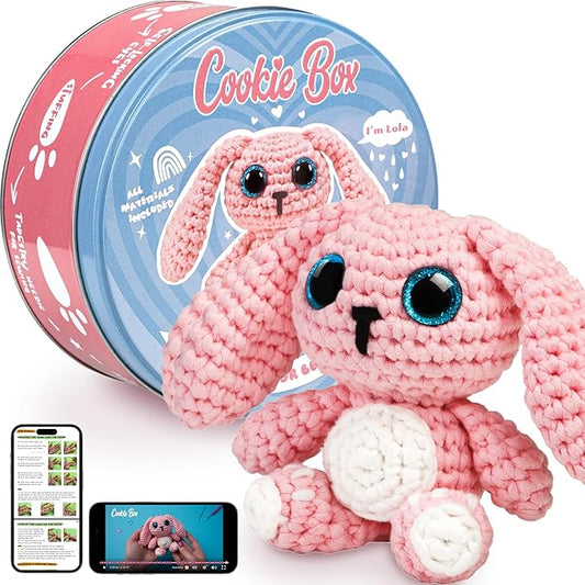 Cookie Box Crochet Kit for Beginners - Learn to Craft Amigurumi Stuffed Animals - Knitting Gift for Kids and Adults - Beginner-Friendly Yarn - Stitch-by-Stitch Video Tutorial - Bunny Lola