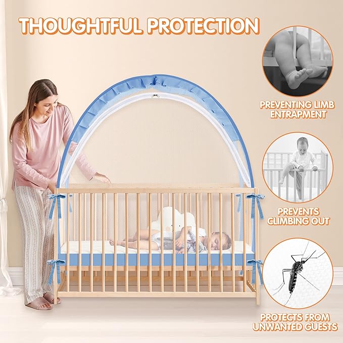 Crib Tent to Keep Baby from Climbing Out - Crib Net to Keep Baby in - Pop Up Breathable Cribs Cover - Canopy with Upgrade Strong Mesh and Durable Zipper (Blue, Lager)