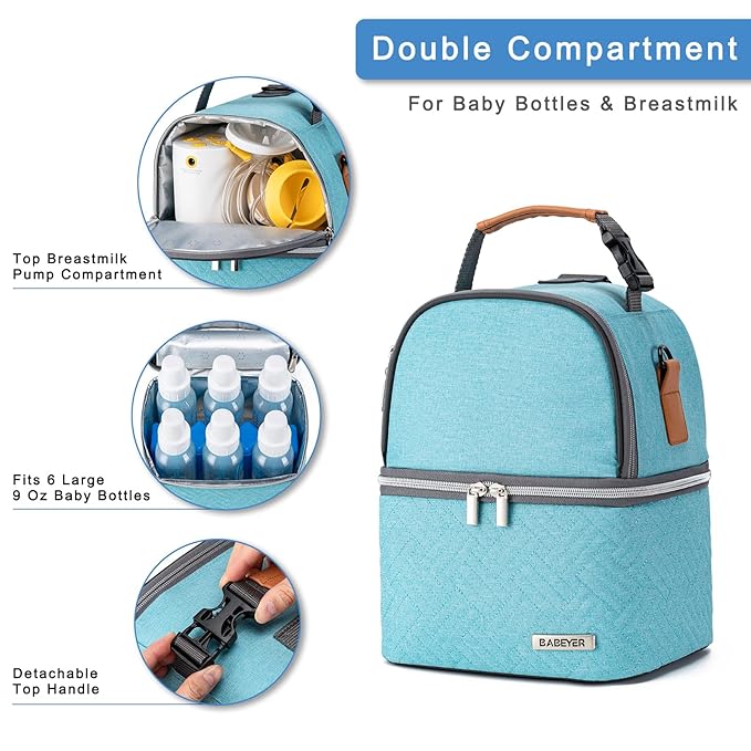 Breastmilk Cooler Bag with Ice Pack Fits 6 Baby Bottles up to 9 Ounce, Breast Milk Pump Cooler Bag with Shoulder Strap for Nursing Mom Daycare, Work, Travel- Lake Green