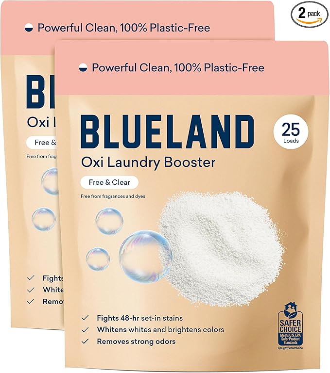 BLUELAND Oxi Laundry Booster Powder Refill 2-Pack, Fragrance Free & Clear, 50 Loads, 35.2 oz, Plastic-Free, Eco Friendly, Oxy Cleaner, Stain Remover