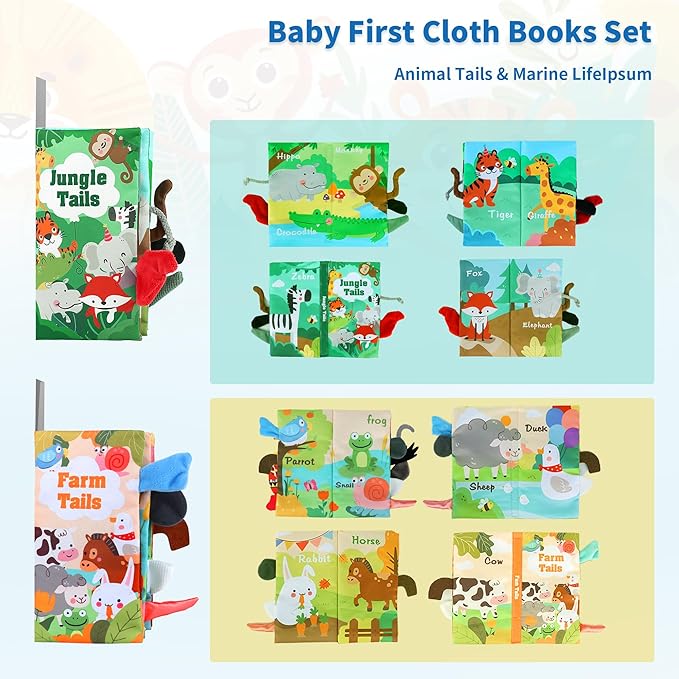 BARMACO Baby Soft Touch and Feel Crinkle Cloth Books for Infants & Toddlers, Learning Toys, Early Development Interactive Sensory Toys, Ocean Animal Tails, Gifts for Boys & Girls