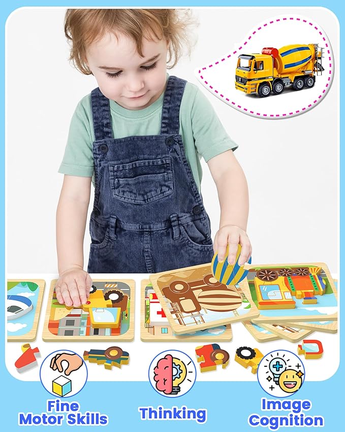 Benresive Wooden Toddler Puzzles, Montessori Toys for 1 2 3 Year Old Boys, Toys for 1 2 3 Year Old Boy Birthday Gifts, 8 Pack Vehicle Toddler Learning Educational Puzzles
