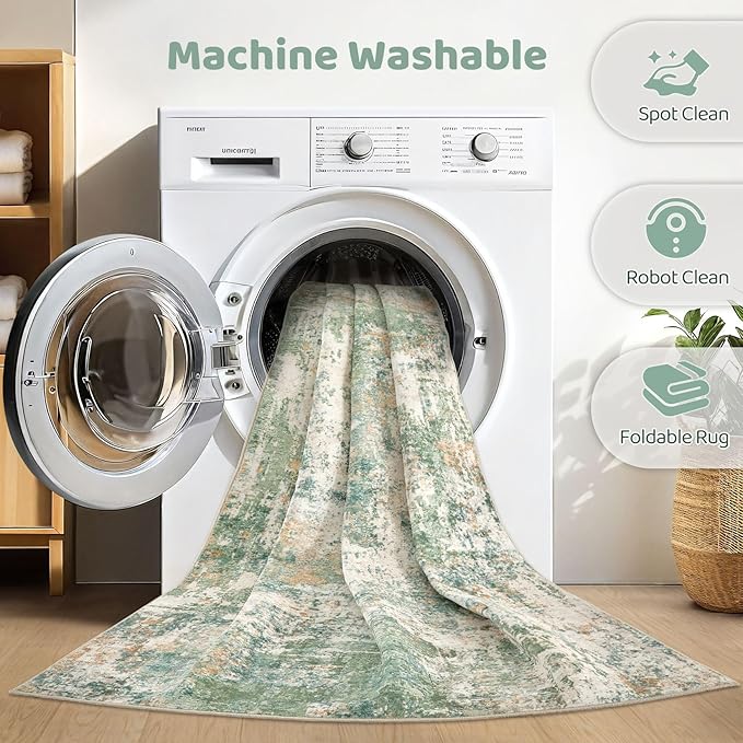 Area Rugs 9x12 Living Room: Washable Large Abstract Soft Green Rug Stain Resistant Indoor Floor Non-Slip Accent Carpet for Men Modern Home Enthusiasts Aged 25-45 - Bedroom Office Playroom