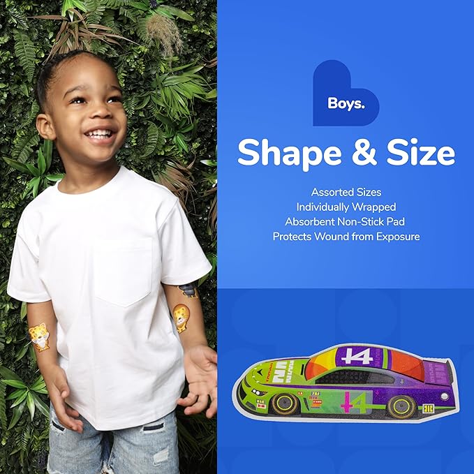 BioSwiss Bandages, Assorted Animal, Fun and Food Shaped Self Adhesive Bandage for Boys, Latex Free Sterile Wound Care, 100 Count