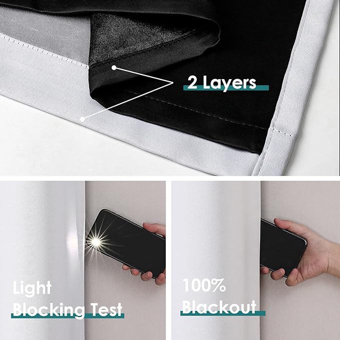 ChrisDowa 100% Blackout Curtains 84 inch Long for Bedroom with Black Liner, Extra Wide 2 Layers Total Blackout Thermal Insulated Grommet Window Curtains 2 Panels Set (Greyish White, 60 x 84 Inch)