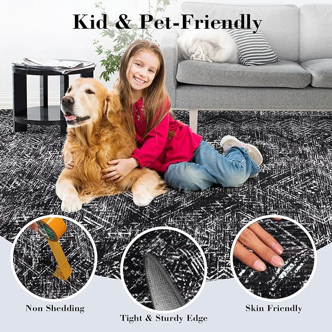 COZYLOOM 4x6 Washable Rug for Bedroom Vintage Non Slip Large Area Rug Geometric Soft Throw Rugs Low Pile Stain Resistant Carpet for Office Dining Room Living Room, Black