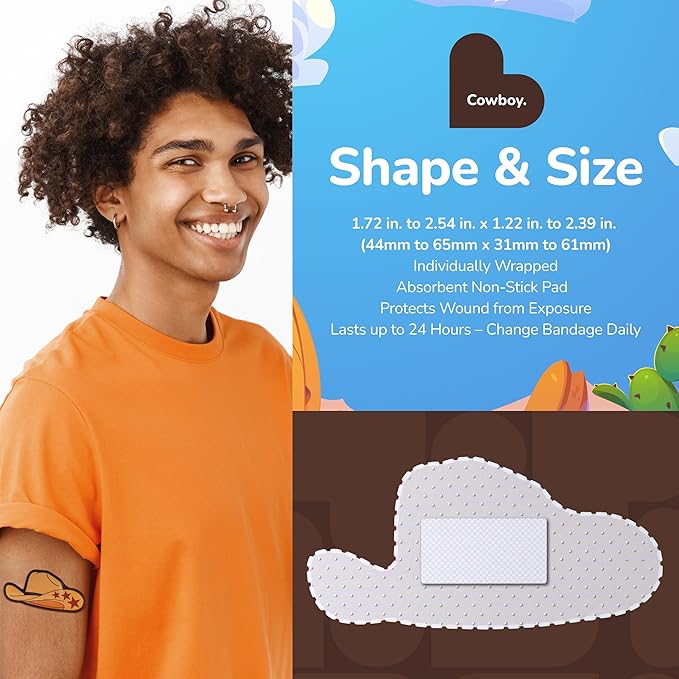 BioSwiss Bandages, Cowboy Shaped Self Adhesive Bandage, Latex Free Wound Care, Fun First Aid Kit Supplies for Kids and Adults, 50 Count