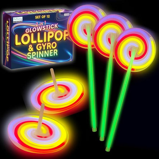 ArtCreativity Lollipop Glow Sticks for Kids - Set of 12 Spinner Light Up Sticks - Halloween Glow Stick Light Up Party Favors - Glow in The Dark Accessories