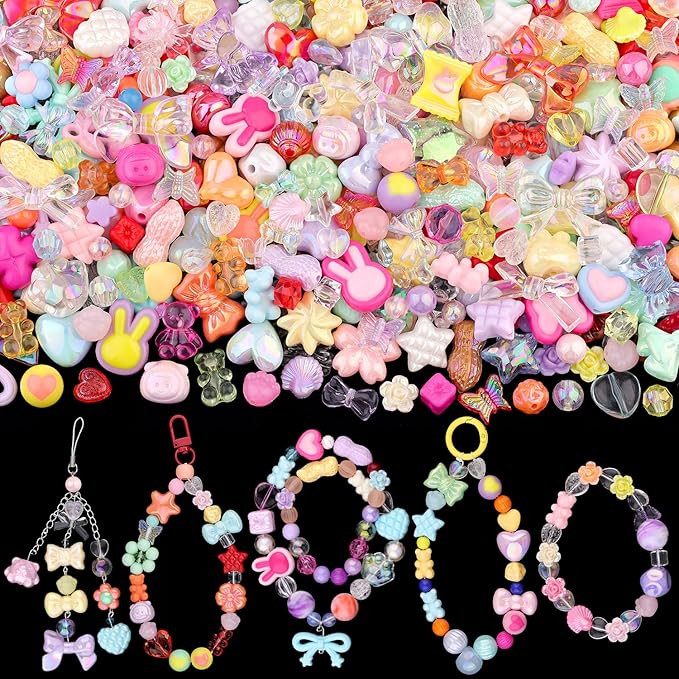 Assorted 170-230PCS Mixed Colors Acrylic Beads for Bracelet Making, Flower Bow Butterfly GummyBear Aesthetic Bracelet Charms,Cute Beads for Jewelry Making DIY Necklace Keychain Phone Charm